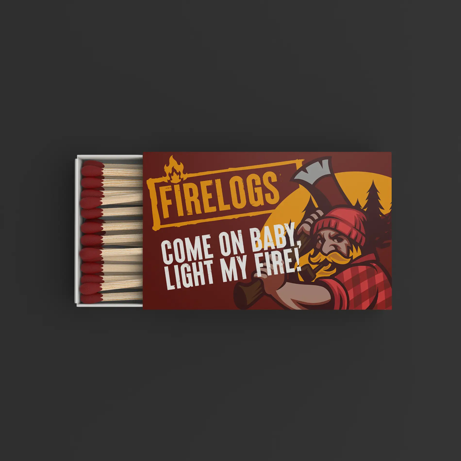 Firelogs matchbox packaging label design illustration Mindlabs Media